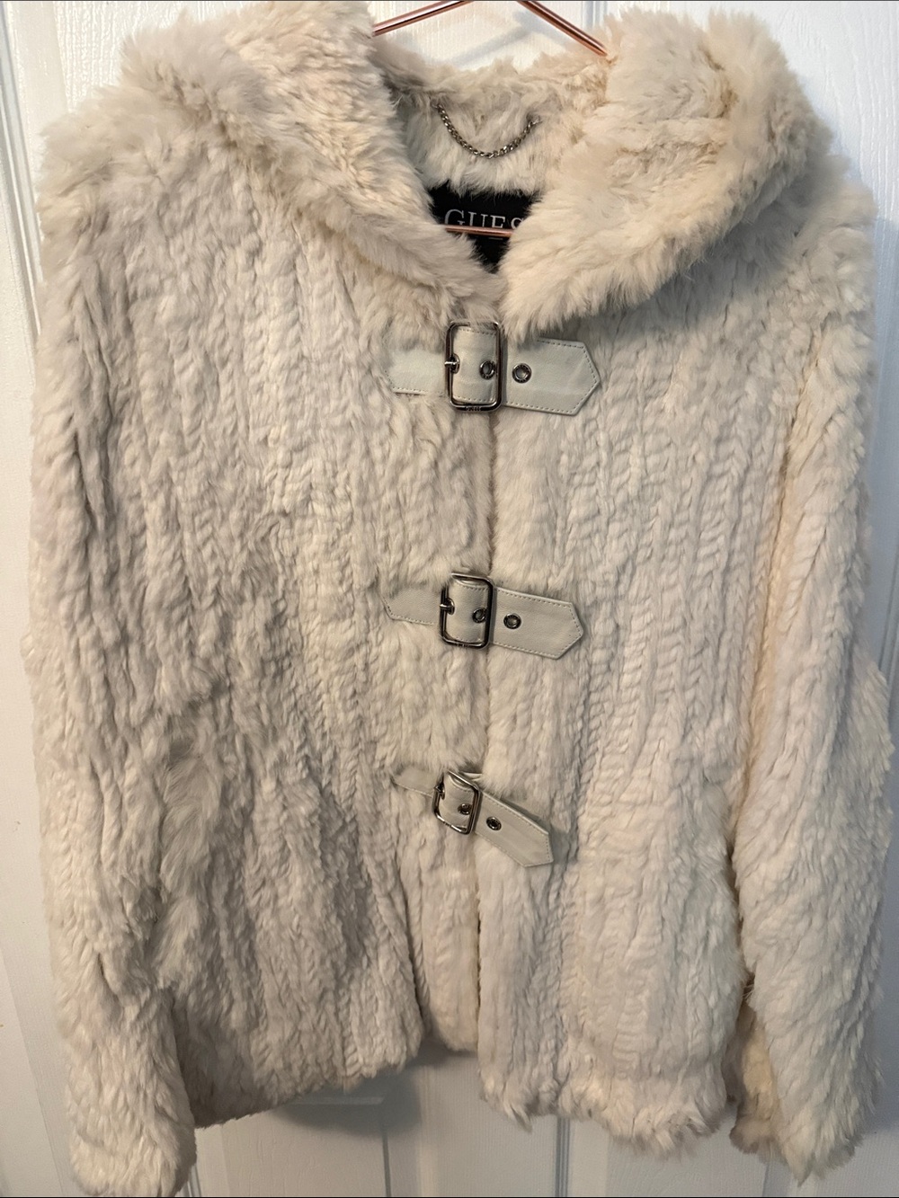 Guess Rabbit Fur Hooded Cape / Poncho